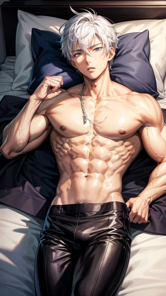 Anime guy about 16 without outerwear. Muscular with 6-pack abs and back. With white hair. Lying on the bed. 