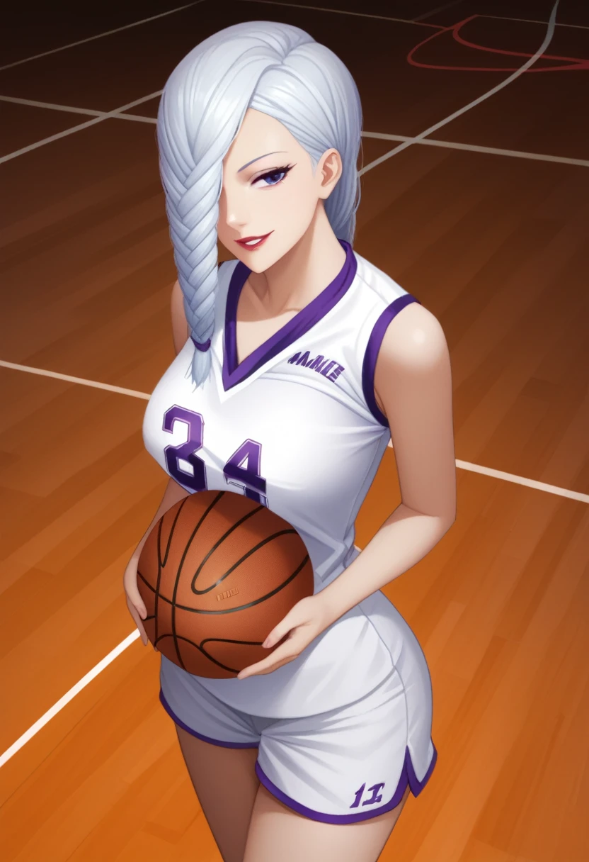 score_9_up, score_8_up, score_7_up, 1girl, solo, mature female, mei mei, looking at viewer, white hair, braid, hair over one eye, half closed eye, braided ponytail, braided bangs, purple eye, red lips, parted lips, naughty smile, (((perfect erected medium tits)))(((purple basketball uniform))),((basketball court)), seductive pose