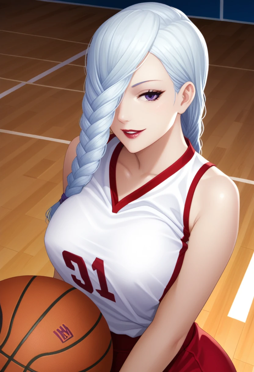 score_9_up, score_8_up, score_7_up, 1girl, solo, mature female, mei mei, looking at viewer, white hair, braid, hair over one eye, half closed eye, braided ponytail, braided bangs, purple eye, red lips, parted lips, naughty smile, (((perfect erected medium tits)))(((purple basketball uniform))),((basketball court)), seductive pose