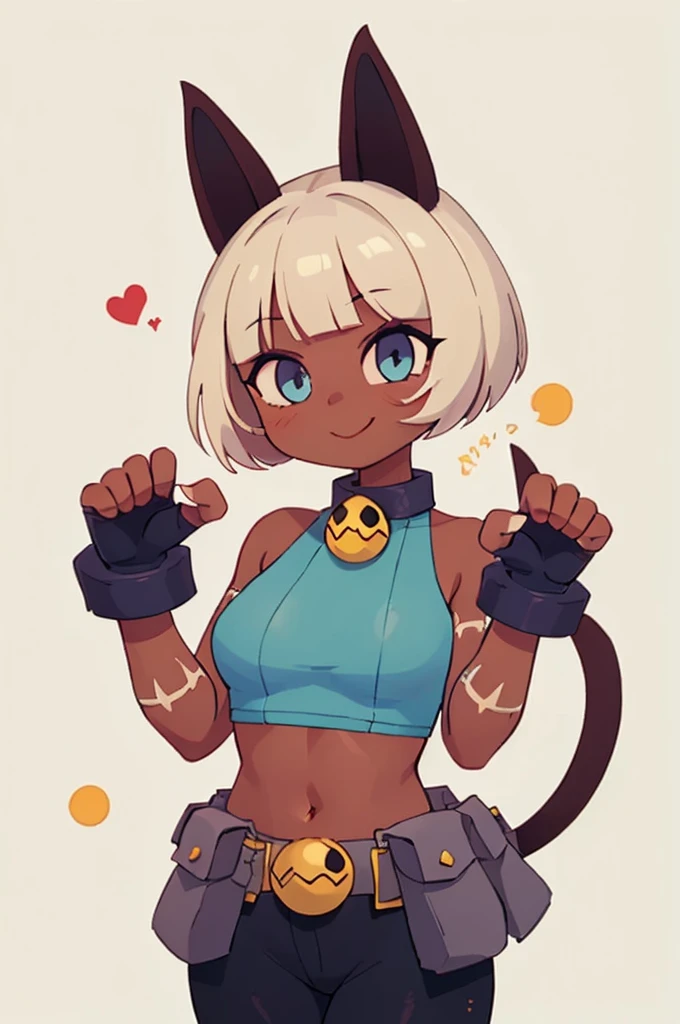 (work of art, best qualityer:1.2), standing alone, 1 girl, SGMSFORTUNE, darkskin, dark skinned female, ssmile, looking ahead at viewer, Paw posture, Bob Cut, top cut, gloves fingerless, collared, bell, waist belt, duffel bag, cat tail