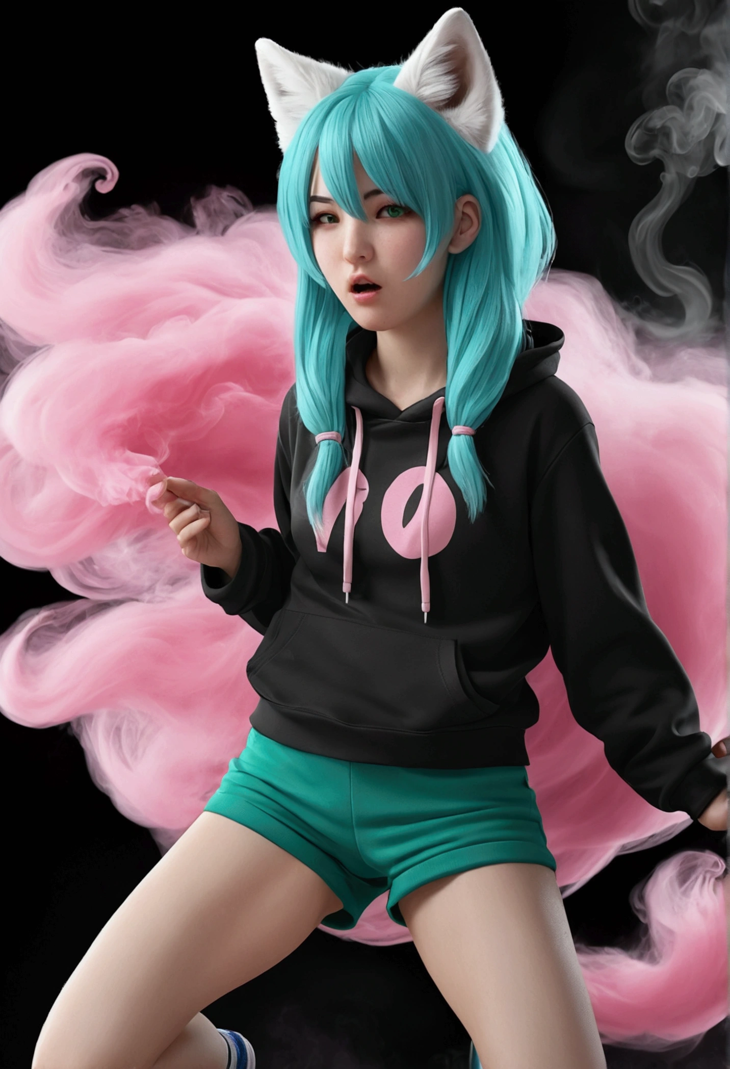 Cute blue-haired white fox girl farting（HUD’s two-dimensional face）,Wearing black shorts and a pink hoodie，farting(green smoke)