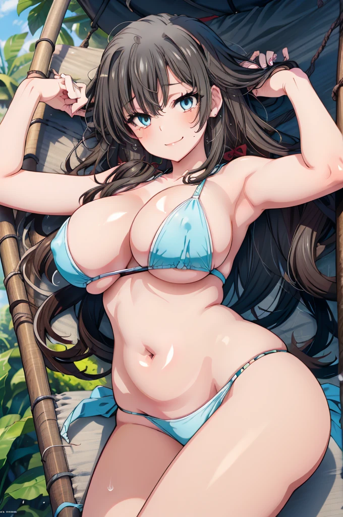 Hentai、High resolution、cyber punk、Fearless smile、A huge-breasted idol sleeps on her back in a hammock in the shade at a tropical resort、Perfect proportions、Cowboy Shot、Overwhelmingly huge, heavyweight breasts、Plump legs、Clear eyes、Sweaty
