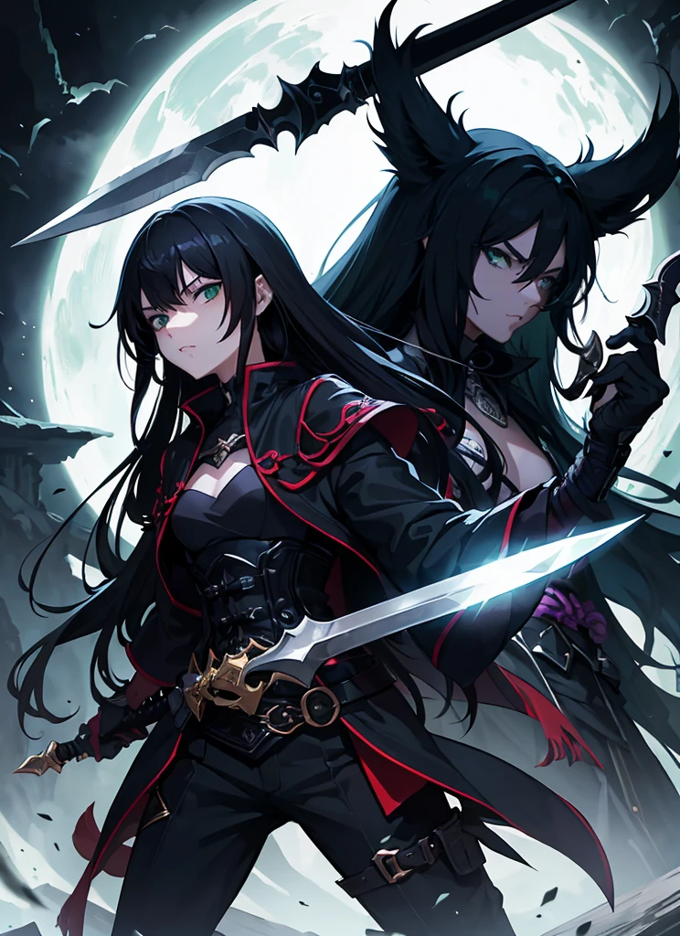 darkness wolrd, bad Rogue,male hansome, earing, blackhairhighlightgreen hair, use knife, 21 yearold, fantasy, green eye, dark blackground , villianface, kind, legend, fashionlonghair,samuraihair, japanstyle,fighting
