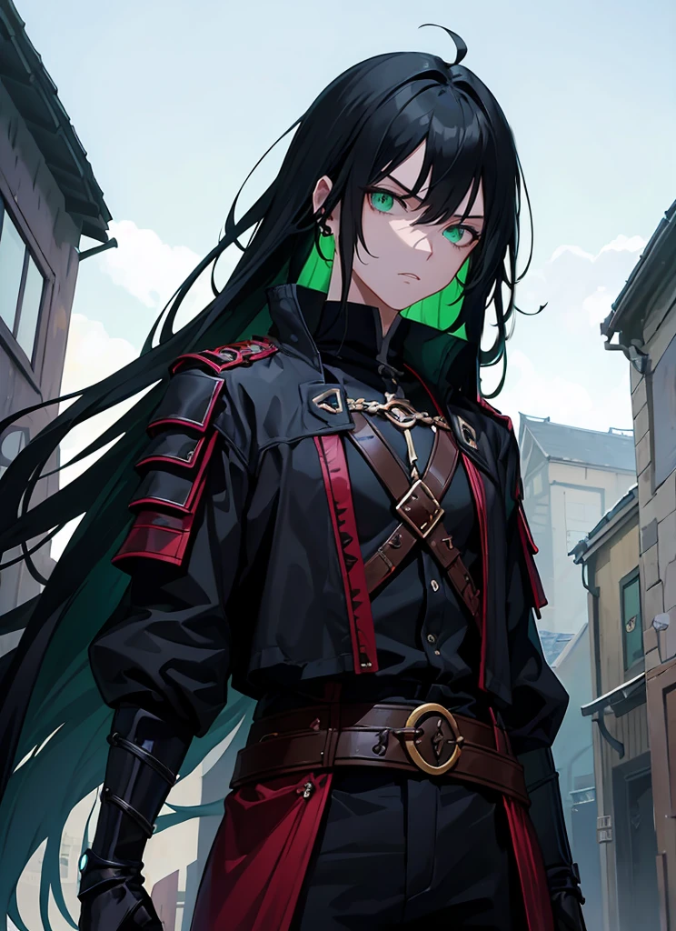 darkness wolrd, bad Rogue,male hansome, earing, blackhairhighlightgreen hair, use knife, 21 yearold, fantasy, green eye, dark blackground , villianface, kind, legend, fashionlonghair,samuraihair, japanstyle,fighting