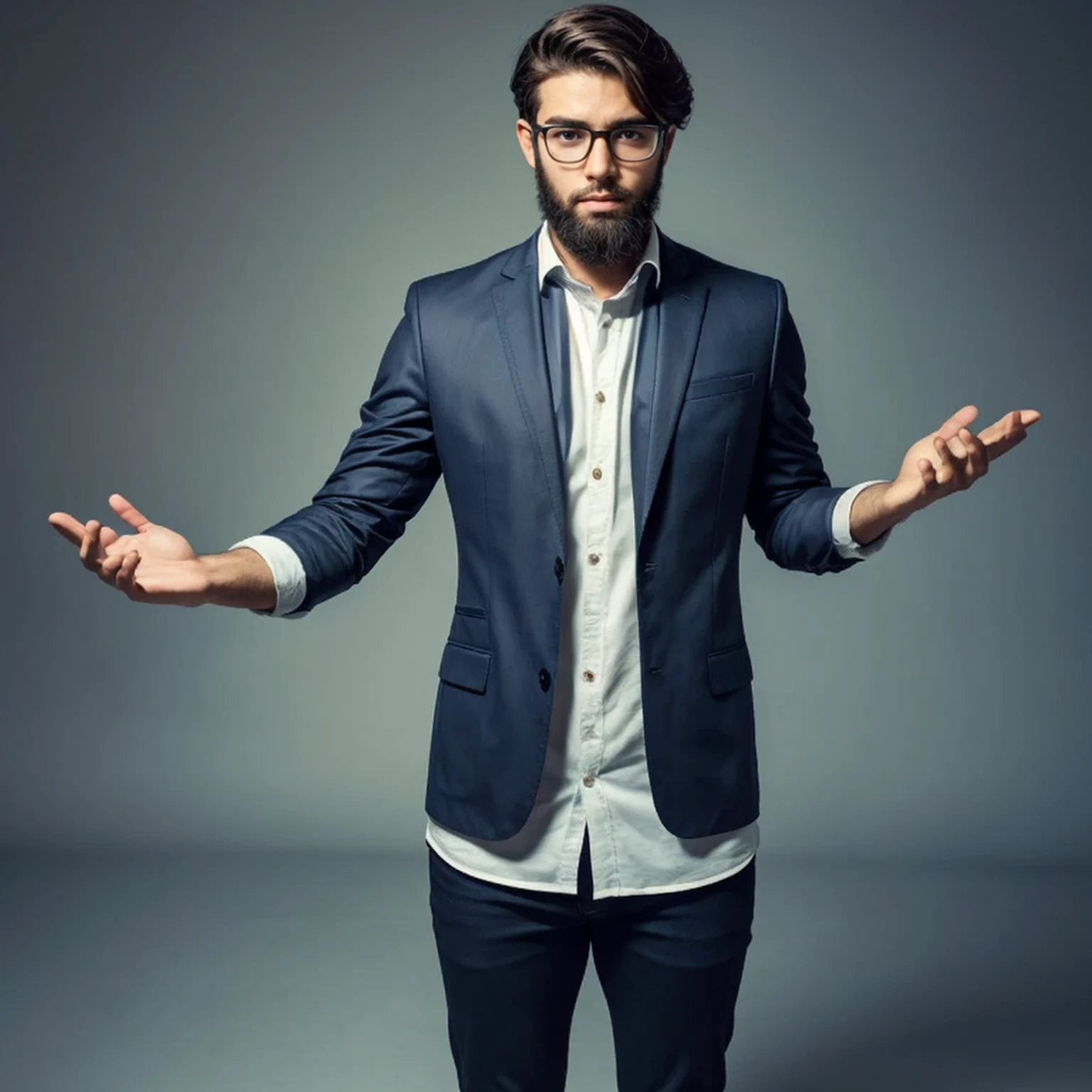 young man with doubts and full body open hands, with glasses, barba, beard,