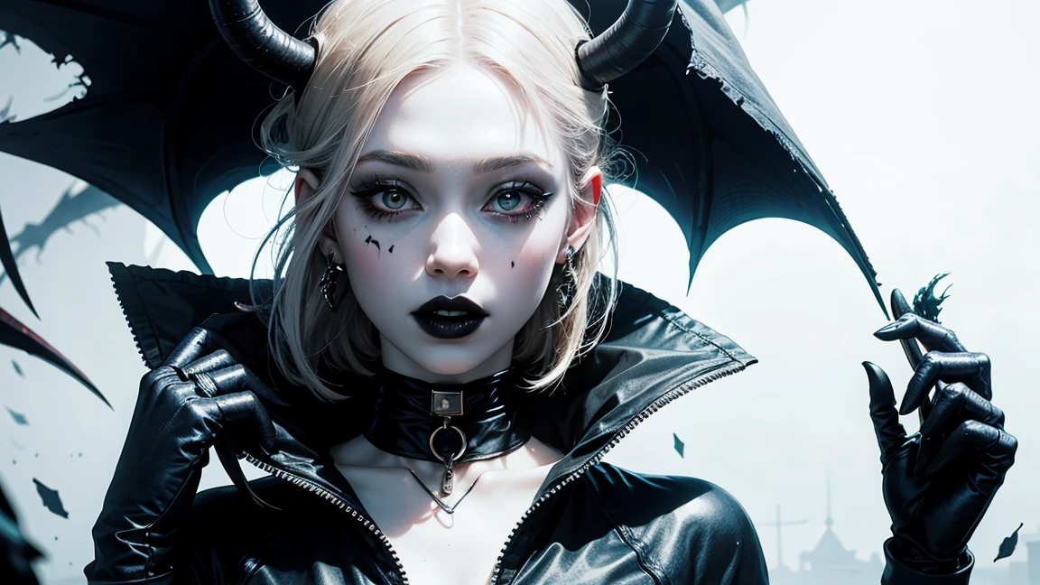 pale skin, lipstick, black lipstick, demon girl