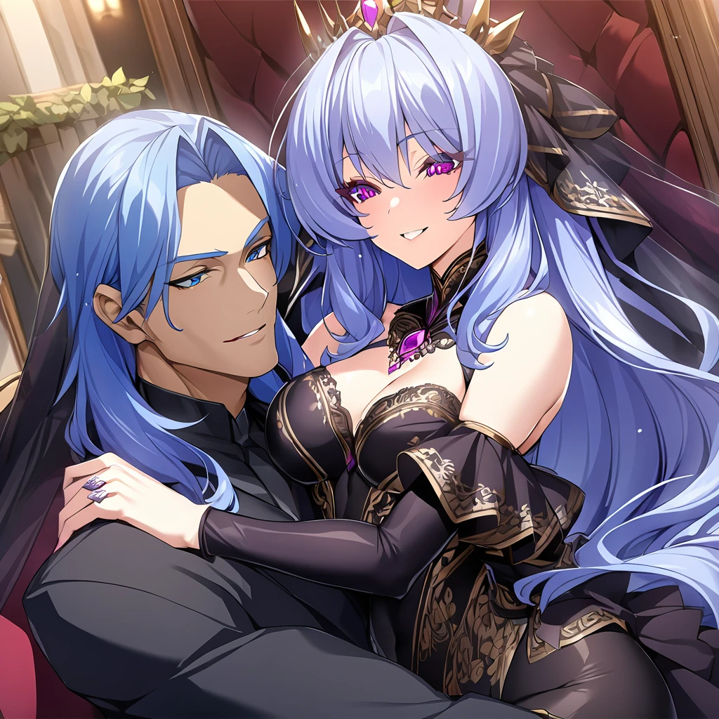 ((Highest quality)), ((masterpiece)), (detailed), (Perfect Face)、The woman is the evil queen, Extia, with medium-long blue hair, wearing a gorgeous black wedding dress with gold embroidery and trim, a black wedding veil, an engagement ring, gorgeous accessories, lipstick and makeup, and is an elegant and beautiful evil queen who is embracing a man with a big, happy smile on her face.、、The man is the evil king, Naioro, a strong, handsome man with medium-long silver hair, wearing a luxurious black bodysuit with gold embroidery and trim, and embracing a woman.、The woman is happily getting married in a posh church belonging to an evil organization.