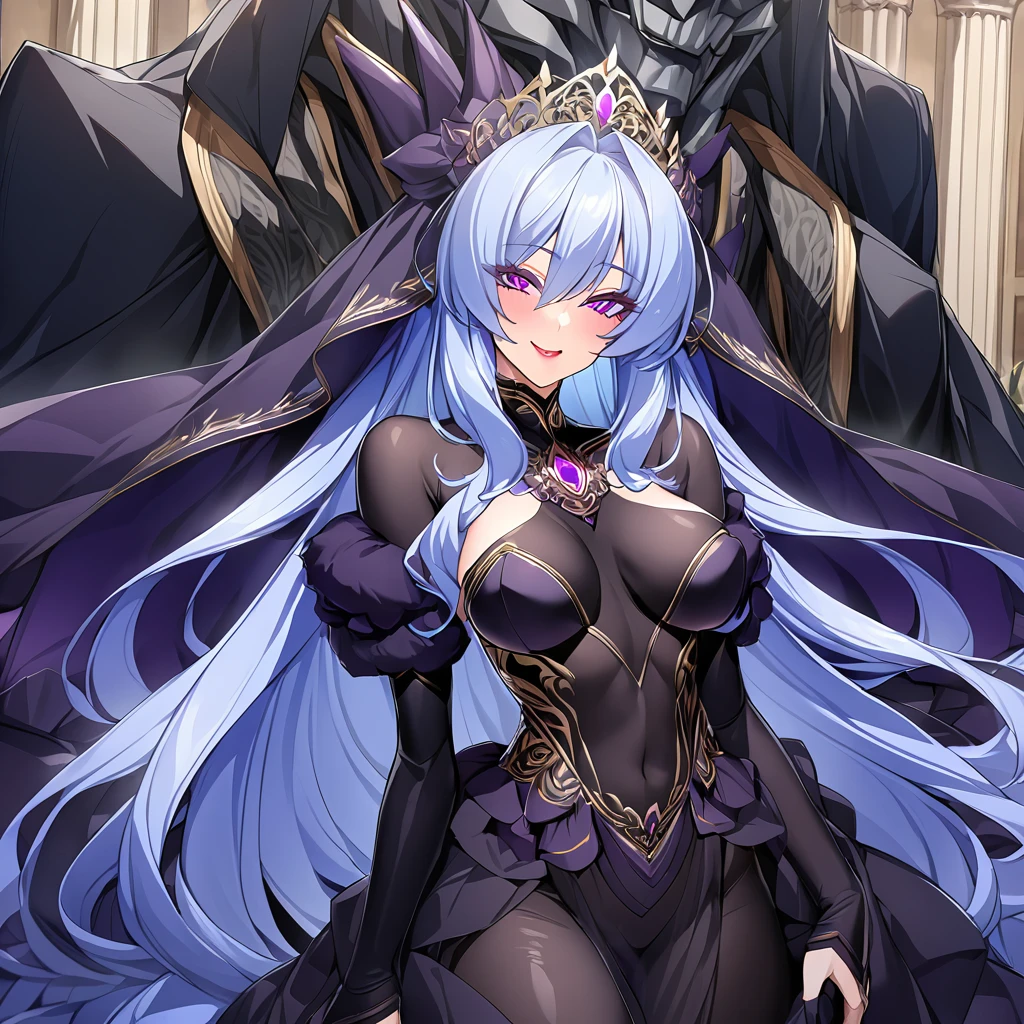 ((Highest quality)), ((masterpiece)), (detailed), (Perfect Face)、The woman is the evil queen, Extia, with medium-long blue hair, wearing a gorgeous black wedding dress with gold embroidery and trim, a black wedding veil, an engagement ring, gorgeous accessories, lipstick and makeup, and is an elegant and beautiful evil queen who is embracing a man with a big, happy smile on her face.、、The man is the evil king, Naioro, a strong, handsome man with medium-long silver hair, wearing a luxurious black bodysuit with gold embroidery and trim, and embracing a woman.、The woman is happily getting married in a posh church belonging to an evil organization.