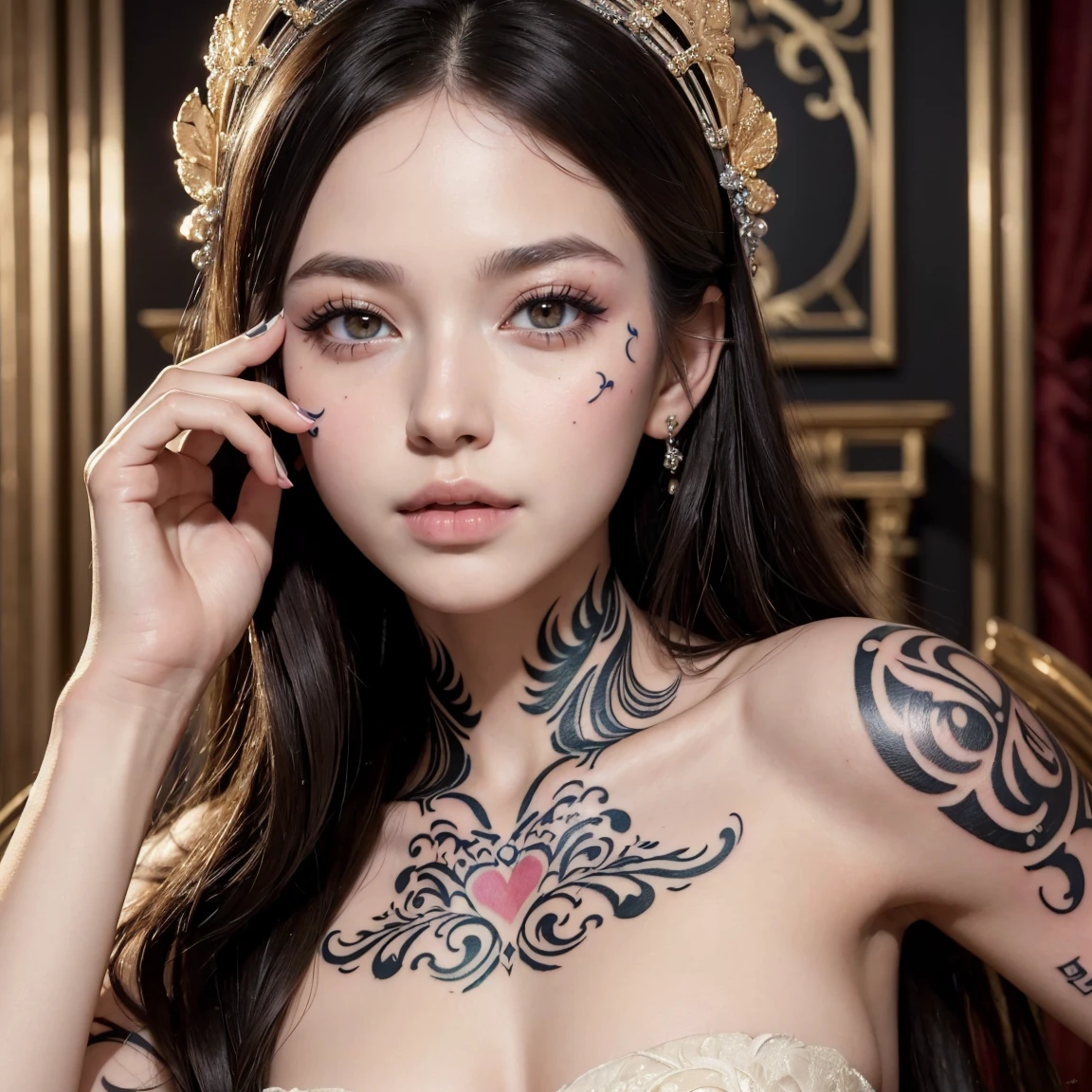 NSFW, (masterpiece, best quality:1.5), ultra detailed, high resolution, 16k, the most beautiful face in the world, perfect face, delicate facial features, highly detailed beautiful face and eyes, shiny skin, highly detailed background, elaborately designed, fine cloth texture, perfect anatomy, BREAK, (gorgeous and stunning teenage princess in gorgeous and luxurious princess dress:1.2), perfect make-up, eyeshadow, lash extensions, rouge, deeply in love, full of elegance, (face mysterious tattoo:1.5)