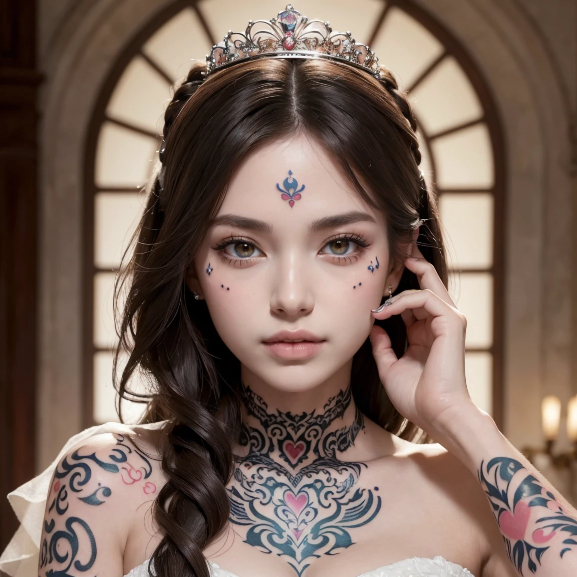 NSFW, (masterpiece, best quality:1.5), ultra detailed, high resolution, 16k, the most beautiful face in the world, perfect face, delicate facial features, highly detailed beautiful face and eyes, shiny skin, highly detailed background, elaborately designed, fine cloth texture, perfect anatomy, BREAK, (gorgeous and stunning teenage princess in gorgeous and luxurious princess dress:1.2), perfect make-up, eyeshadow, lash extensions, rouge, deeply in love, full of elegance, (face cutest tattoo:1.5)