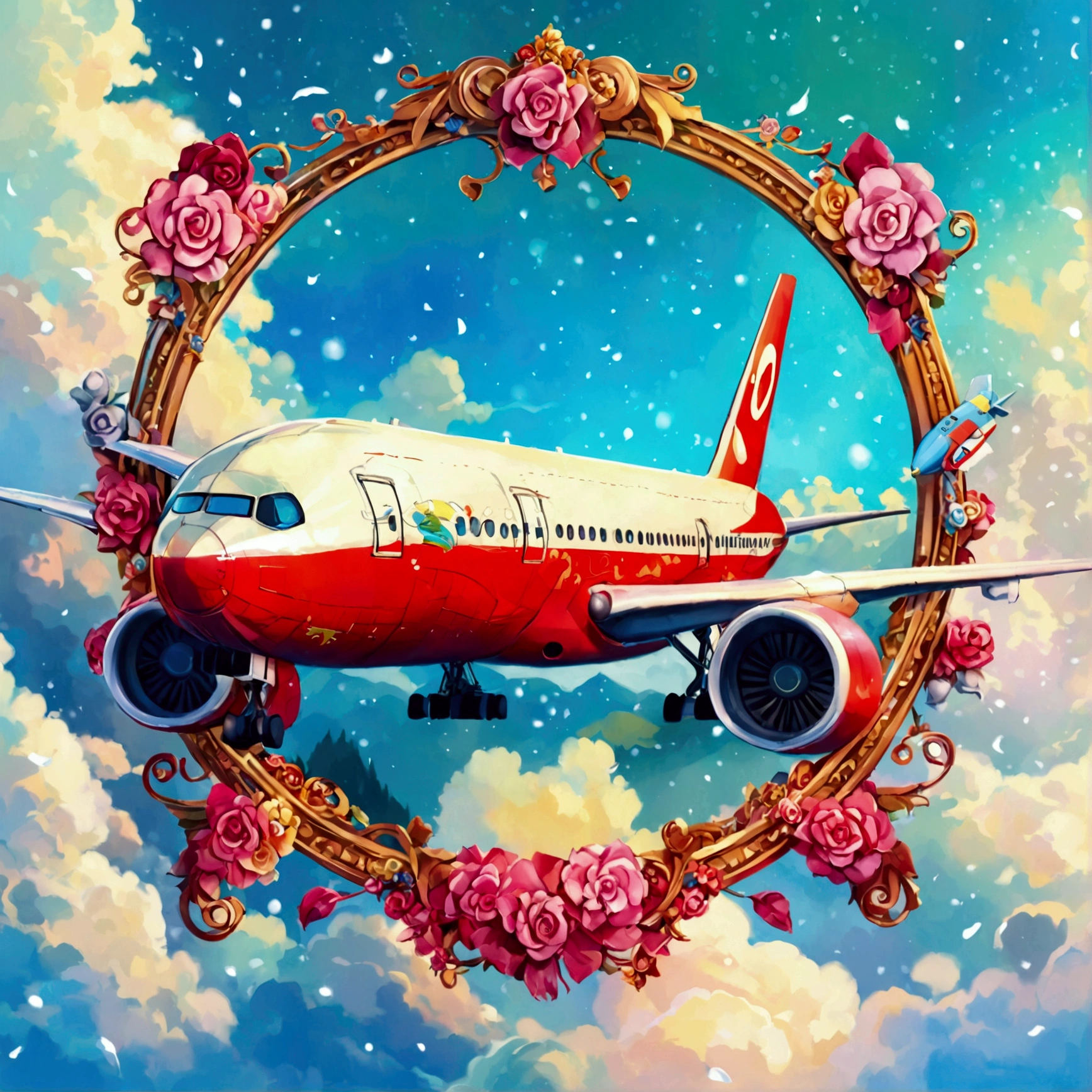 Create an illustration that meets the following conditions:。-Create an icon。-Use a round frame。-Add decorations related to the theme - The theme is the Boeing 777 airplane。- Finish with high-quality illustrations。-Create characters that children will love(For example, a character like Thomas the Tank Engine)-Draw eyes and a mouth on the plane