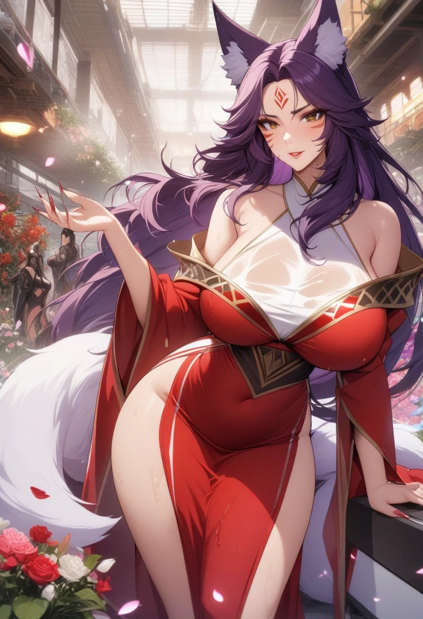 masterpiece, best quality, very aesthetic, absurdres, 1girl, mature_lady, ,,ahri(league_of_legends), 1girl, kitsune, kyuubi, deep purple hair,deep purple fox ears, long_hair,brown_eyes ,facial mark, whisker markings,white fox tail,kyuubi, large_breasts, long sleeves, magic, white multiple tails, off shoulder, sharp fingernails,(red_and_white_dress:1.2),,in recreational machine hall,surrounding by flowers,falling_petals, petals,,wet_clothes