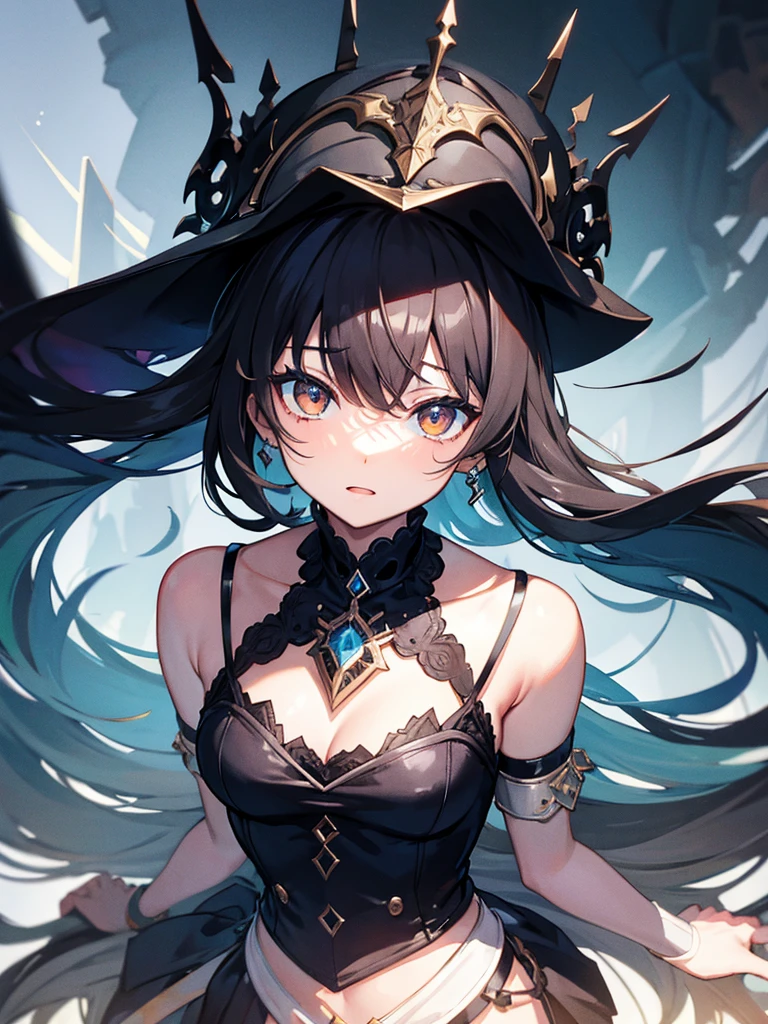 absurdres, RAW photo, extremely delicate and beautiful, masterpiece, Best Quality, ultra high resolution, 32k, hyperrealistic, ultra-detailed, delicate facial features, beautiful detailed woman, tearful mole, earring, medium breasts, full body shot, medium hair, black hair, pirate captain, intricate pirate clothing,