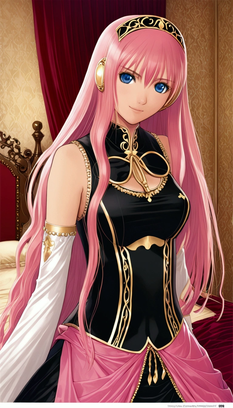 Detailed and beautiful depiction 1.1,Official Art,Beautiful adult woman ,Megurine Luka in official costume,Pink long hair,blue eyes,smile,Bedroom