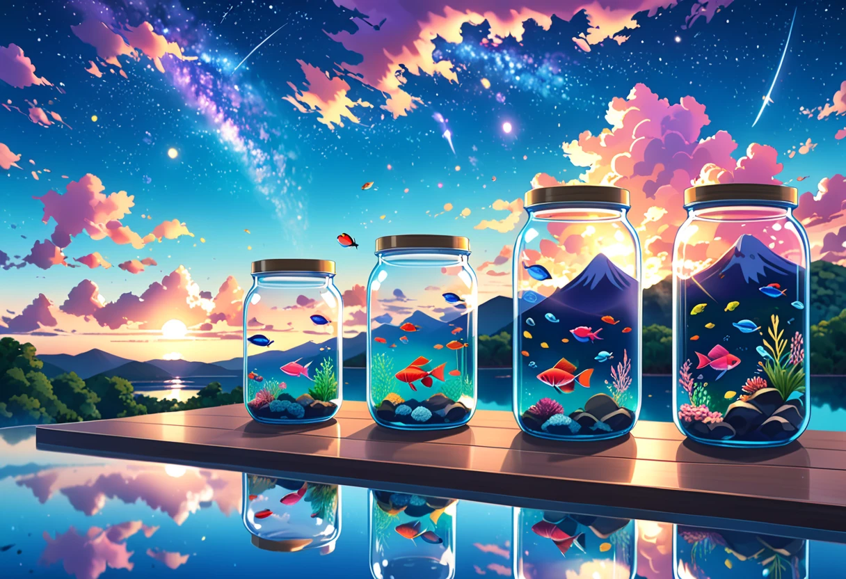 digital illustration. three glass jars, each containing a unique underwater scene - one with two striped fish and clouds, one with a colorful betta fish and a sunset, and one with small fish and a galaxy. Emotion: serene and dreamy. Lighting: soft pastel tones. Scene: jars on a reflective surface with a twilight sky in the background. Style: anime-inspired, with vivid colors and smooth gradients ,anime screencap in mnst artstyle