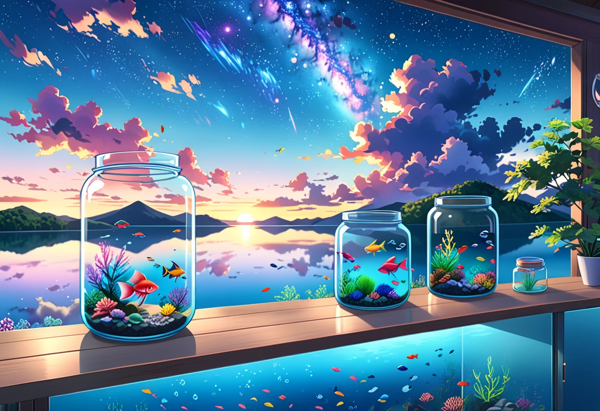 digital illustration. three glass jars, each containing a unique underwater scene - one with two striped fish and clouds, one with a colorful betta fish and a sunset, and one with small fish and a galaxy. Emotion: serene and dreamy. Lighting: soft pastel tones. Scene: jars on a reflective surface with a twilight sky in the background. Style: anime-inspired, with vivid colors and smooth gradients ，anime screencap in mnst artstyle
