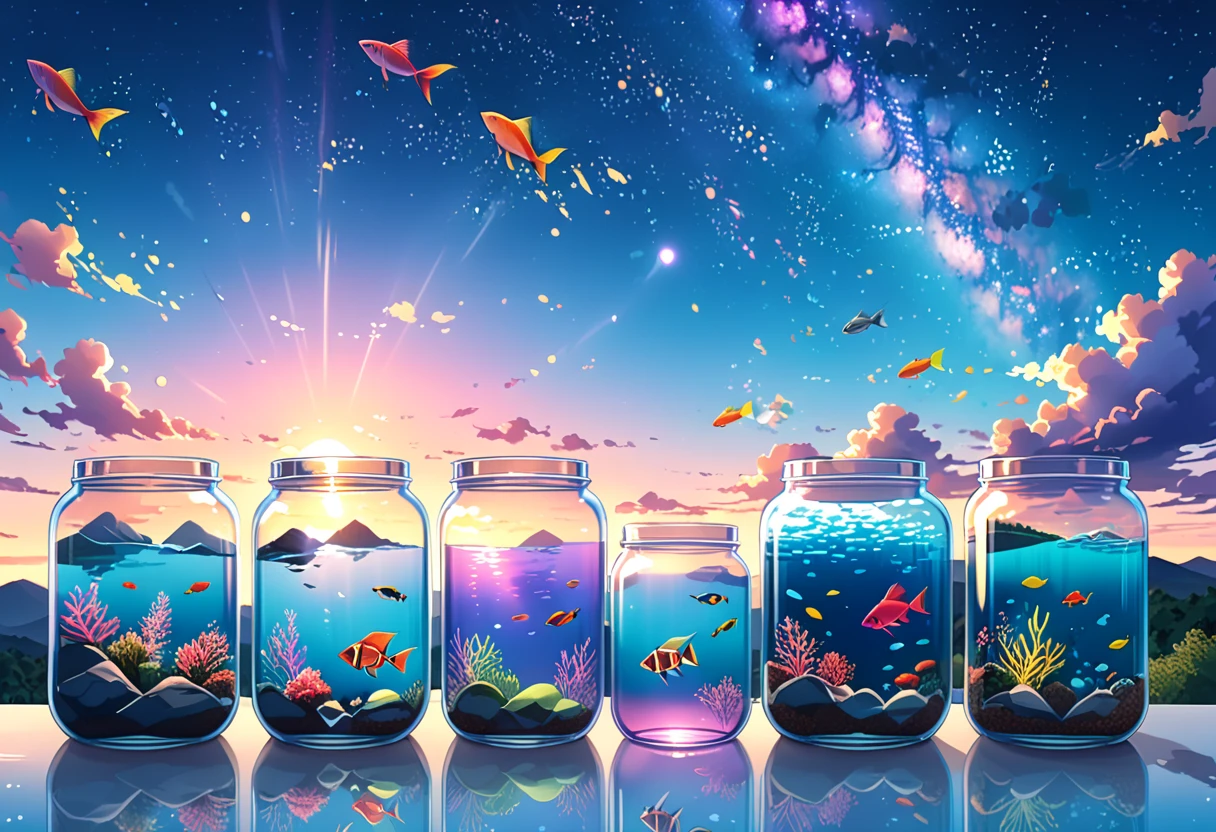 digital illustration. three glass jars, each containing a unique underwater scene - one with two striped fish and clouds, one with a colorful betta fish and a sunset, and one with small fish and a galaxy. Emotion: serene and dreamy. Lighting: soft pastel tones. Scene: jars on a reflective surface with a twilight sky in the background. Style: anime-inspired, with vivid colors and smooth gradients ，anime screencap in mnst artstyle
