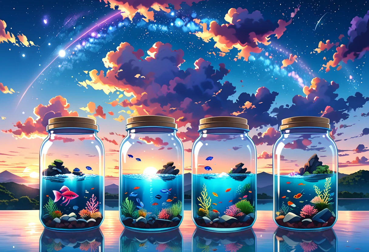 digital illustration. three glass jars, each containing a unique underwater scene - one with two striped fish and clouds, one with a colorful betta fish and a sunset, and one with small fish and a galaxy. Emotion: serene and dreamy. Lighting: soft pastel tones. Scene: jars on a reflective surface with a twilight sky in the background. Style: anime-inspired, with vivid colors and smooth gradients ，anime screencap in mnst artstyle
