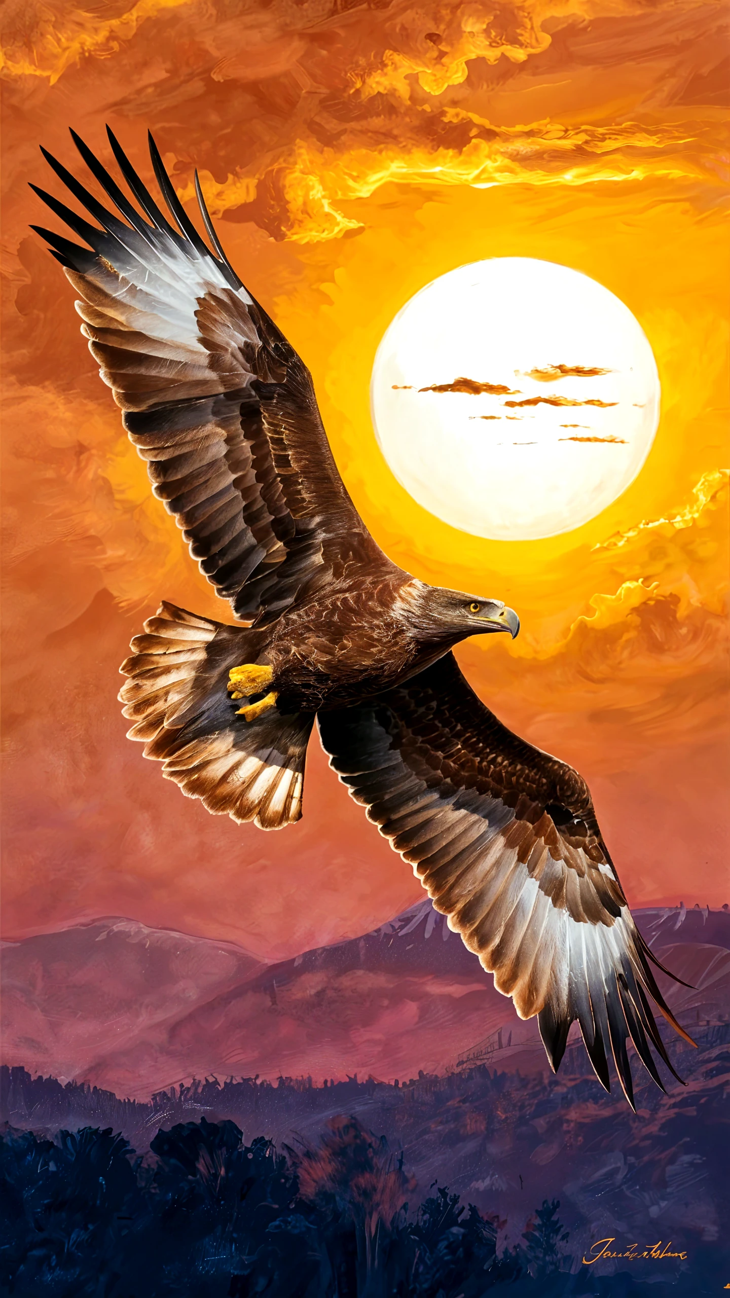 Painting of a large bird flying in the sky with a sunset in the ...