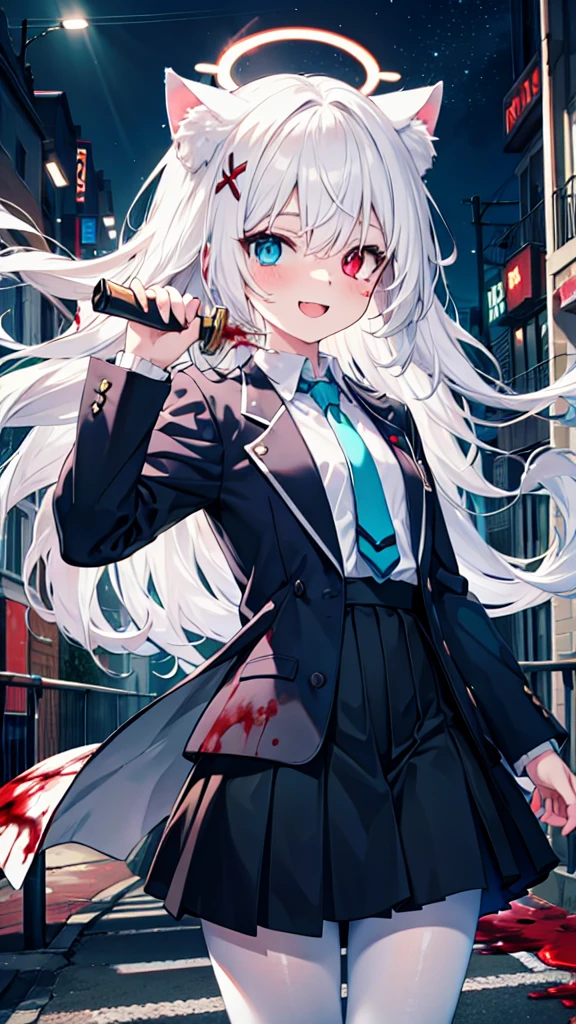 White pantyhose，White hair，Crazy Laugh，Long hair，Cat ear，Heterochromia（Left blue right red），Female face，There are bright spots in the eyes，flat chest，red halo，night，uninhabited alley，Black skirt，Holding a knife，There are blood stains on the clothes，Blood stains on the face，Loss of light in the eyes，Shadow on the face，Fake laugh，Blue tie