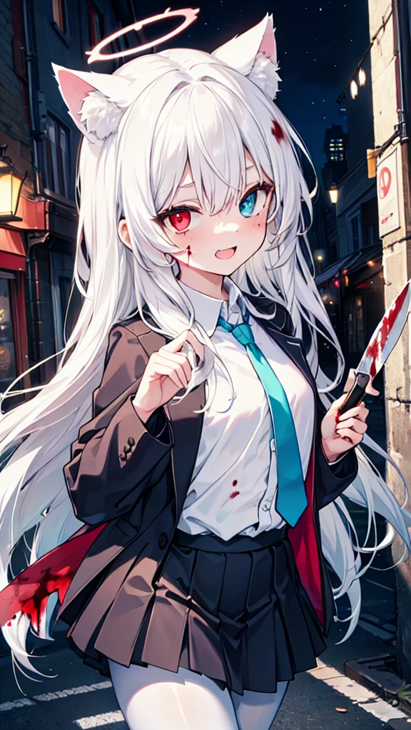 White pantyhose，White hair，Crazy Laugh，Long hair，Cat ear，Heterochromia（Left blue right red），Female face，There are bright spots in the eyes，flat chest，red halo，night，uninhabited alley，Black skirt，Holding a knife，There are blood stains on the clothes，Blood stains on the face，Loss of light in the eyes，Shadow on the face，Fake laugh，Blue tie