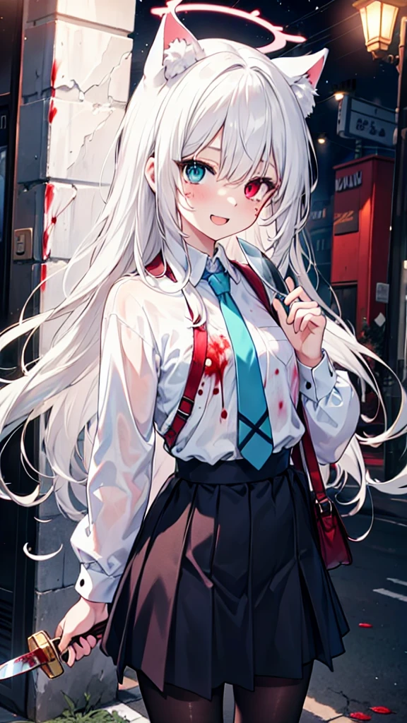 White pantyhose，White hair，Crazy Laugh，Long hair，Cat ear，Heterochromia（Left blue right red），Female face，There are bright spots in the eyes，flat chest，red halo，night，uninhabited alley，Black skirt，Holding a knife，There are blood stains on the clothes，Blood stains on the face，Loss of light in the eyes，Shadow on the face，Fake laugh，Blue tie