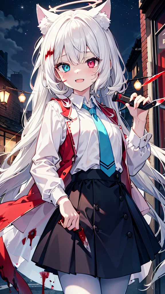 White pantyhose，White hair，Crazy Laugh，Long hair，Cat ear，Heterochromia（Left blue right red），Female face，There are bright spots in the eyes，flat chest，red halo，night，uninhabited alley，Black skirt，Holding a knife，There are blood stains on the clothes，Blood stains on the face，Loss of light in the eyes，Shadow on the face，Fake laugh，Blue tie