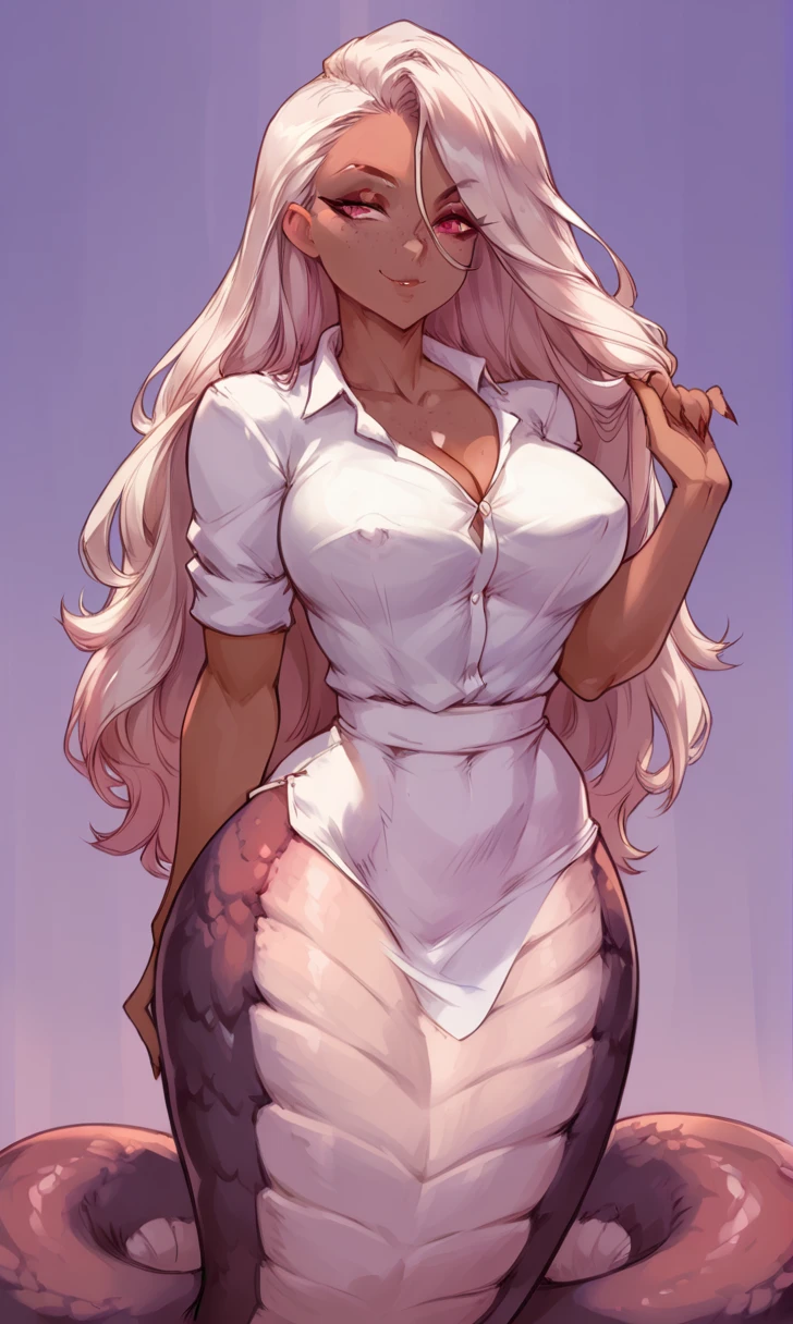 (solo) female anthro Lamia, long blond hair, Lamia, big breasts, attractive, teacher dress, fit body, Lamia tail, arachne eyes, thicc, freckles, freckles on face, smug eyes, ( expression), she is standing look to the viewer, violet background, simple background, thick thighs (dark skin, ebony, deep ebony) (fornt view)