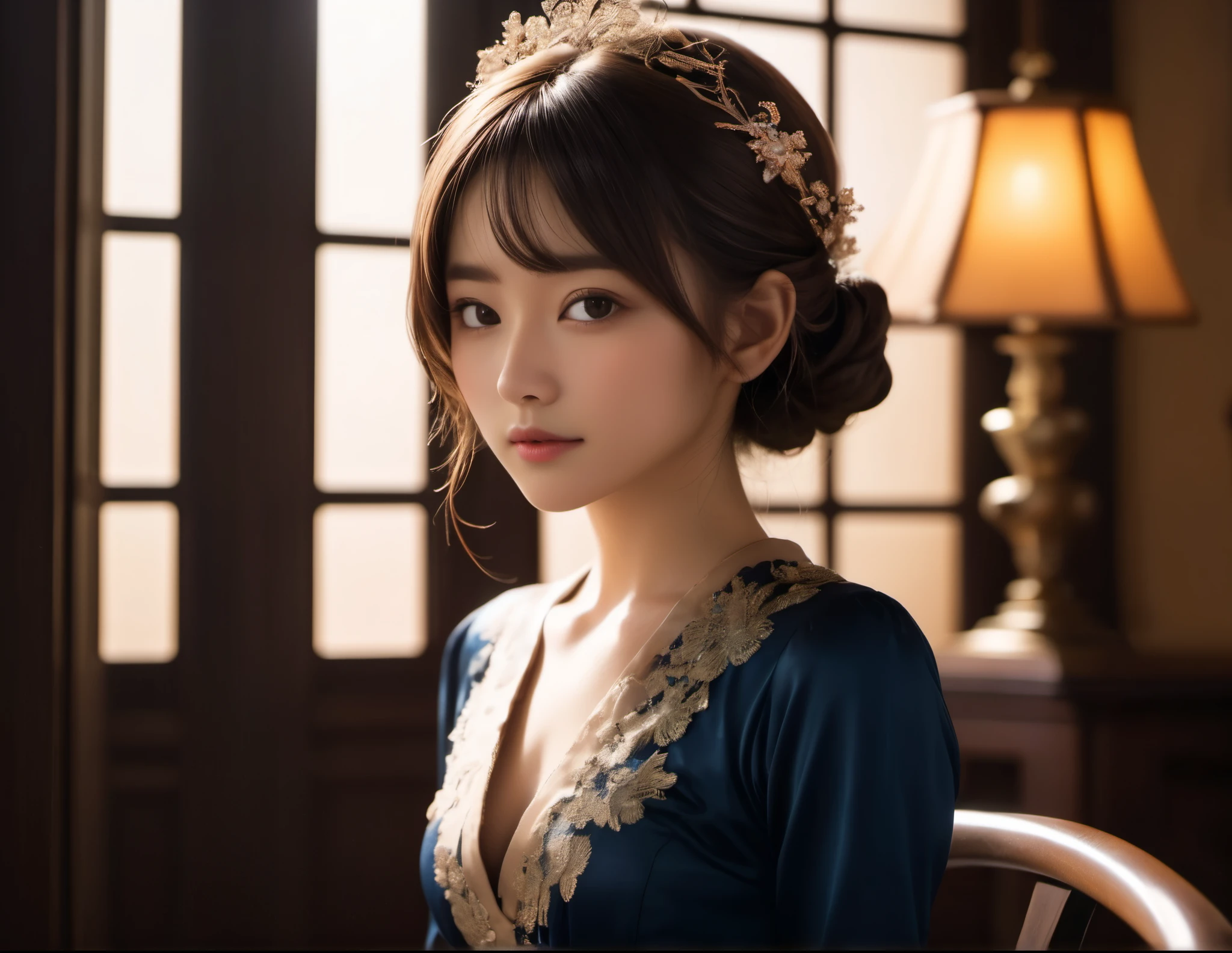 1 Japanese_woman,(Age 25), alone, cute, (Brown eyes ,Capture the light:1.5), Natural Skin, (Brown Hair), indoor ,(A shy smile), Sit on a chair,(thin formal dresses),
Tenebrism, (Dramatic lighting:1.2), Deep Shadow, Impressive highlights, Strong contrast, Baroque influence