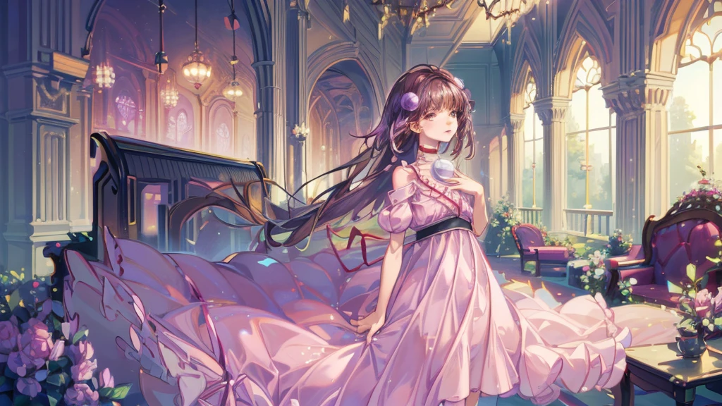 Reala, hair ornament, red choker, pink dress, (masterpiece, Absurd quality, Highest quality, Official Art, beautifully、aesthetic:1.2), 16K, Cute  girl, Very detailed, Digital Art, colorful, Most detailed, Bright colors, (Conversion Sequence), Baby Face, Cinema Lighting, Dynamic Angle, landscape, scenery, (difficult:1.5), (One girl:1.5), (indoor:1.5), Bedroom, lamp, (Hotel Rooms:1.3), (Very detailed lips:1.3), eyelash, Very detailed顔, (Perfect Legs, Perfect hands, Perfect Anatomy：1.1), Depth of written boundary, Speckled sunlight, Beautiful lighting, Little, Floating Hair, Illustrations, fairy tale, Mysterious,