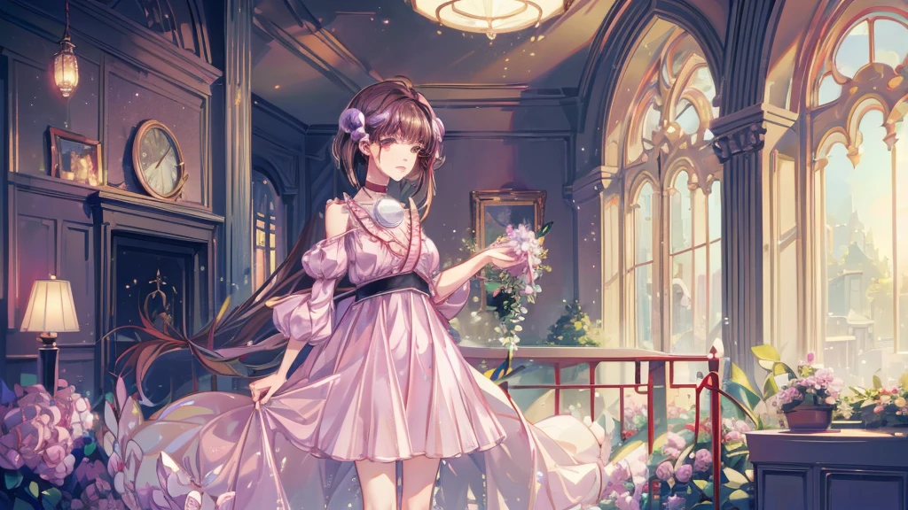 Reala, hair ornament, red choker, pink dress, (masterpiece, Absurd quality, Highest quality, Official Art, beautifully、aesthetic:1.2), 16K, Cute  girl, Very detailed, Digital Art, colorful, Most detailed, Bright colors, (Conversion Sequence), Baby Face, Cinema Lighting, Dynamic Angle, landscape, scenery, (difficult:1.5), (One girl:1.5), (indoor:1.5), Bedroom, lamp, (Hotel Rooms:1.3), (Very detailed lips:1.3), eyelash, Very detailed顔, (Perfect Legs, Perfect hands, Perfect Anatomy：1.1), Depth of written boundary, Speckled sunlight, Beautiful lighting, Little, Floating Hair, Illustrations, fairy tale, Mysterious,