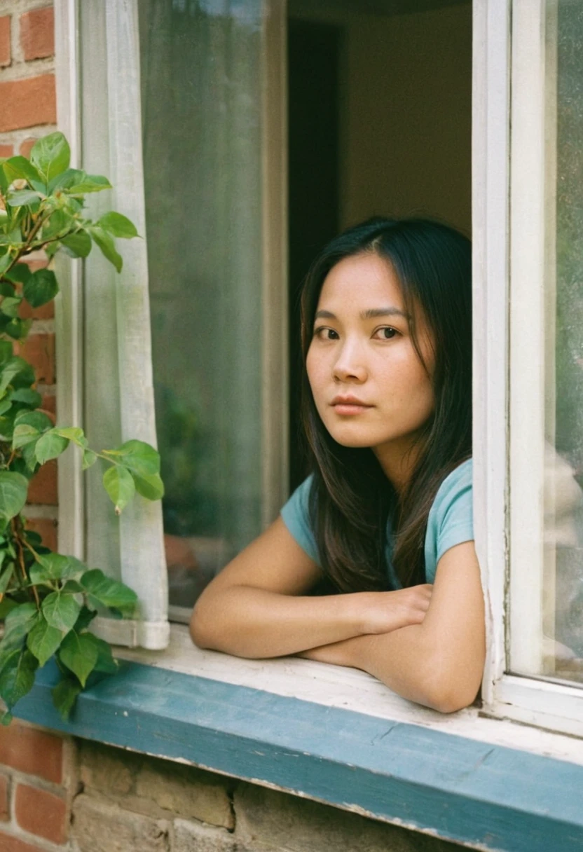 Photo of a window of a house, inside the window is a beautiful young asian woman in the 1970s, with her hair and clothing from the 1970s, the woman is sitting inside a house looking out through the window, the glass of the window is somewhat tarnished and dirty at the edges, the woman is looking straight at the camera with a lost look and a slight smile, (((the shot was taken from the outside of the house))), full color with a cinematographic lighting, high definition professional photography style ,photorealistic