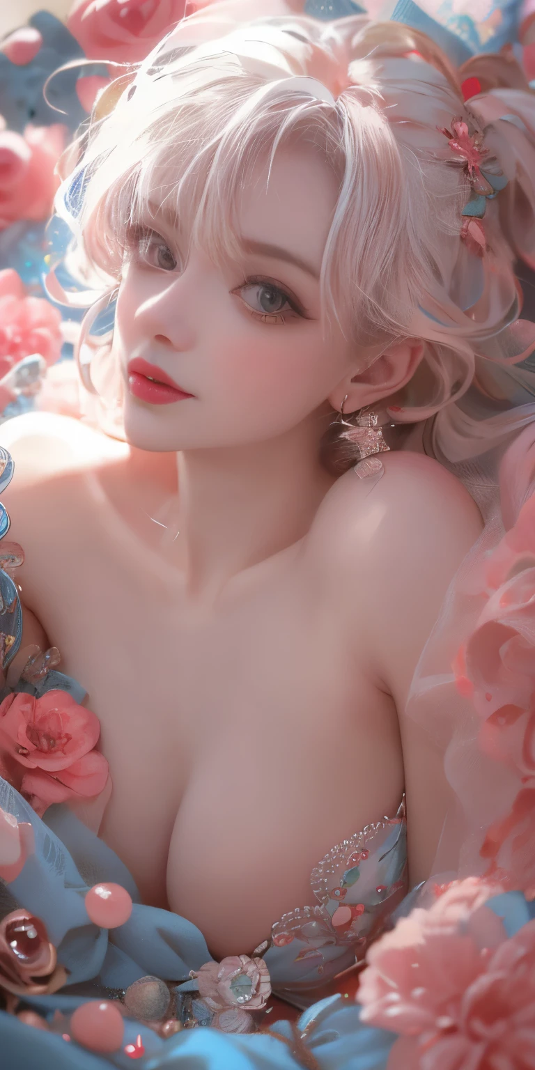 Light blue and red color scheme， nipple，little body，，White curly hair, high detail, best quality, supper detail, detail eyes, 5/6 body, pink pussy, sleeping