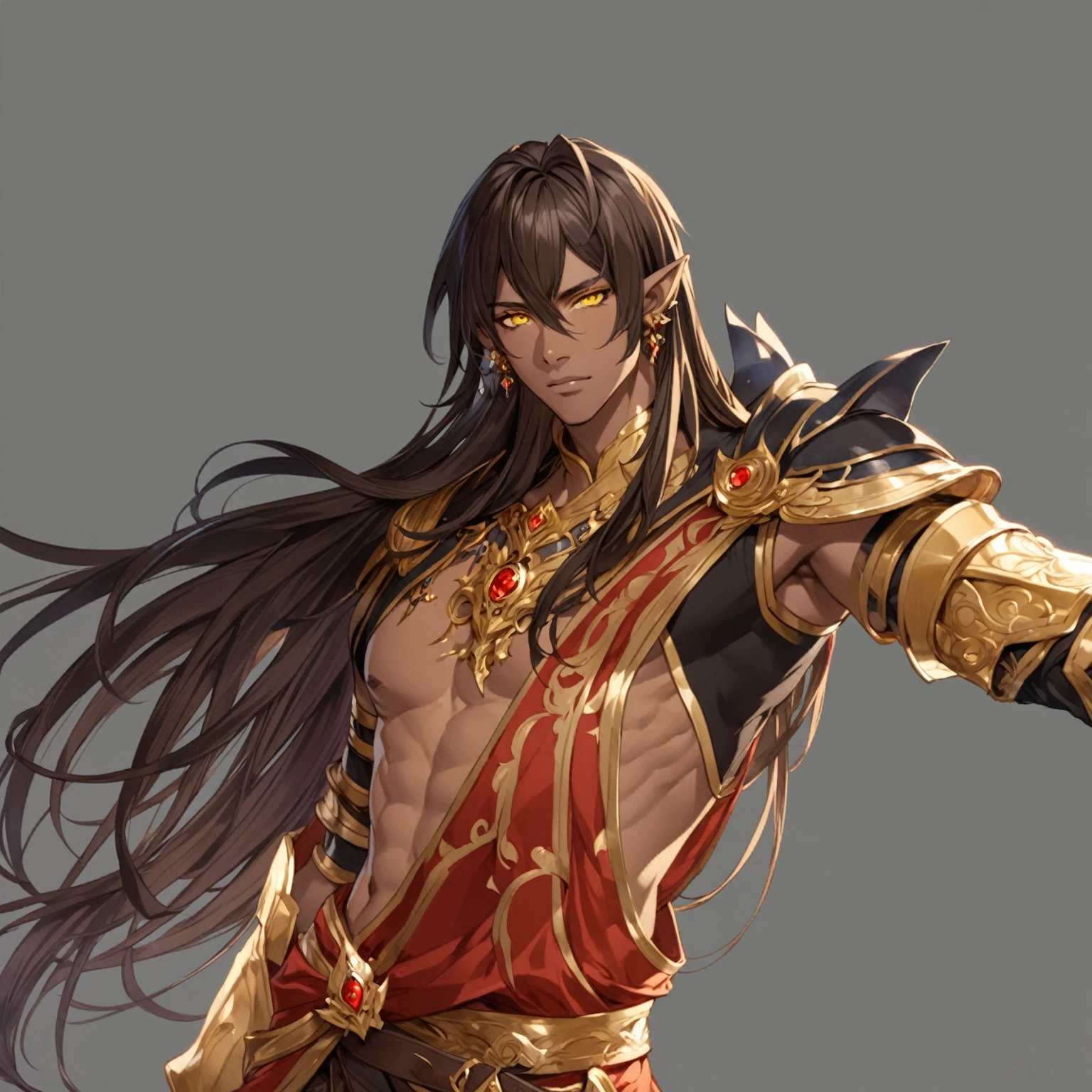 masterpiece, best quality, good quality, Fantasy aesthetics, Highly detailed, shadowverse style, male, dark skin, yellow eyes, pointy ear
