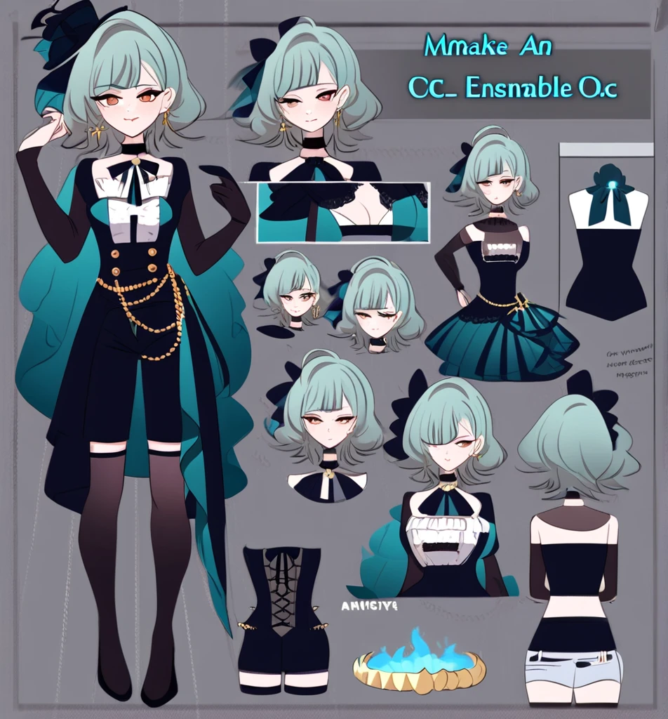 Make me an Ensemble Stars oc. Ensemble Stars art style. Give her short, messy, spikey teal hair with bangs. Brown eyes. Black, goth yet formal outfit. Elegant, regal. Shorts. {Female character.} Social anxiety. {Anxious.} Reference sheet. Blue fire details. 34D cup chest. WOMAN. IDOL