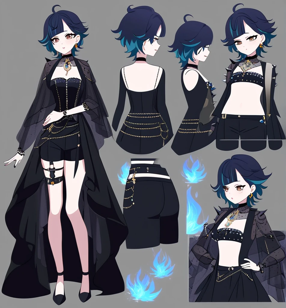 Make me an Ensemble Stars oc. Ensemble Stars art style. Give her short, messy, spikey teal hair with bangs. Brown eyes. Black, goth yet formal outfit. Elegant, regal. Shorts. {Female character.} Social anxiety. {Anxious.} Reference sheet. Blue fire details. 34D cup chest. WOMAN. IDOL