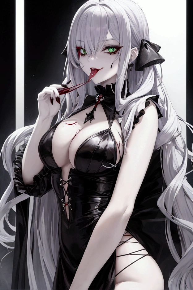 vampire,Silver Hair,girl,Green Eyes,Licking one&#39;s lips,Blood dripping onto the tongue,1 person,Front view