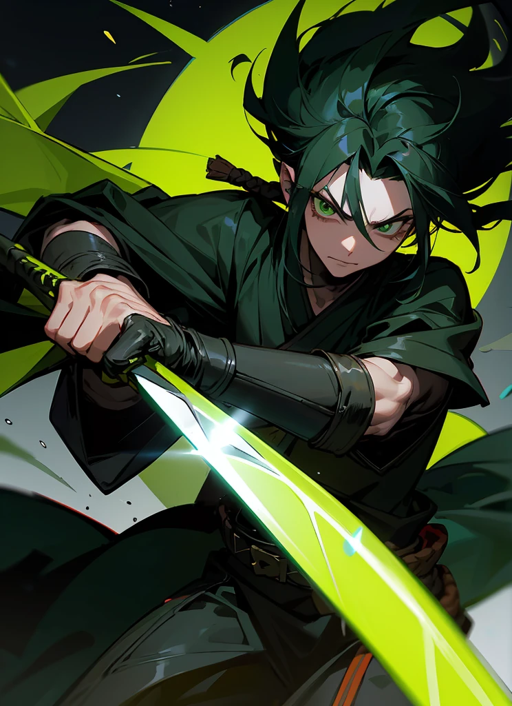 darkness wolrd, bad Rogue,male  hansome, earing, blackhairhighlightgreen hair, use knife,  21 yearold, fantasy, green eye, dark blackground , villianface, kind, legend, fashionlonghair,samuraihair, japanstyle,fighting