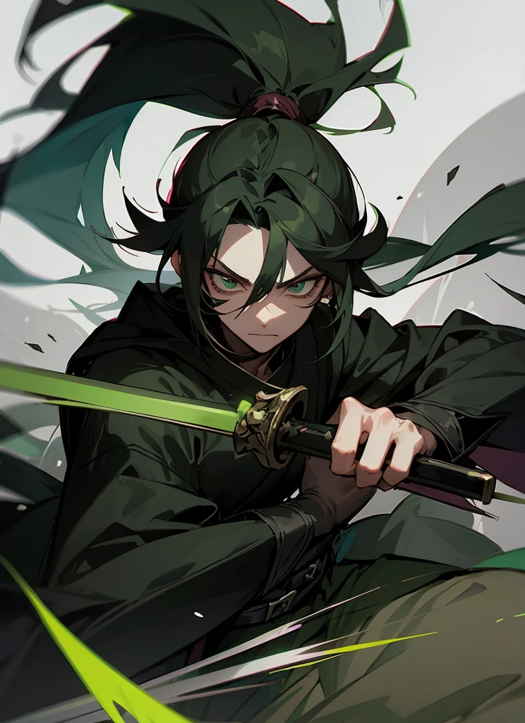 Black hair and green eyes guy, green aura, man with bangs, wearing black gi, samurai, white background