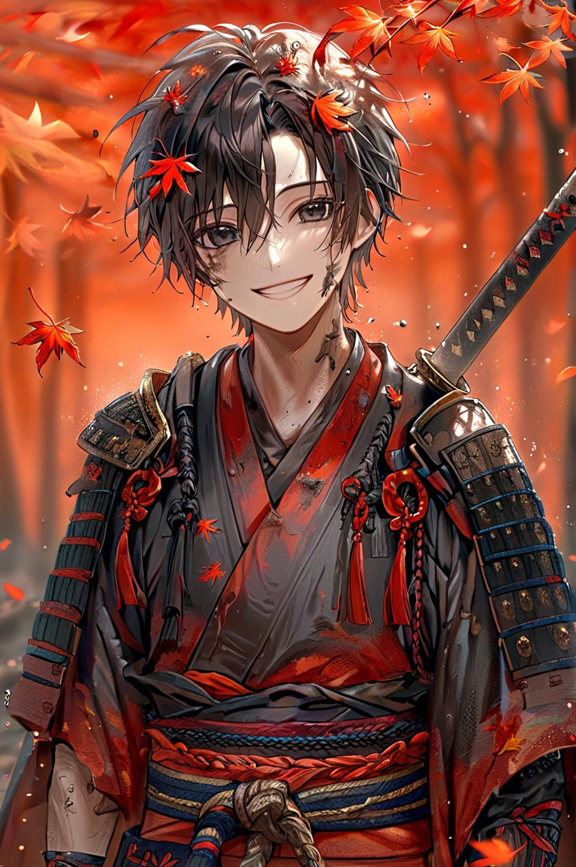 Ronin, Dirty, Torn - Clothes Hakama, Boy, Two katana, black eyes, black samurai hair, ragged body, Smile, Smile, Maple leaf background.
