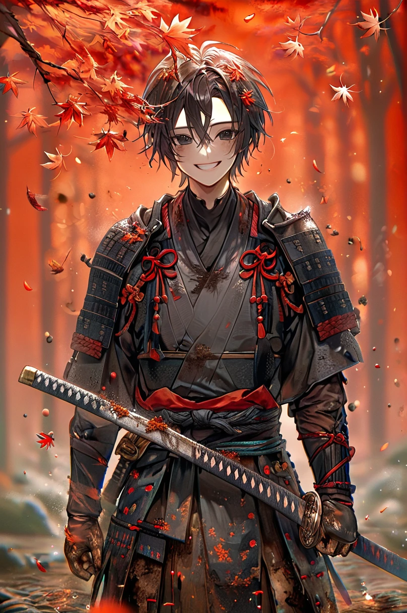 Ronin, Dirty, Torn - Clothes Hakama, Boy, Two katana, black eyes, black samurai hair, ragged body, Smile, Smile, Maple leaf background.