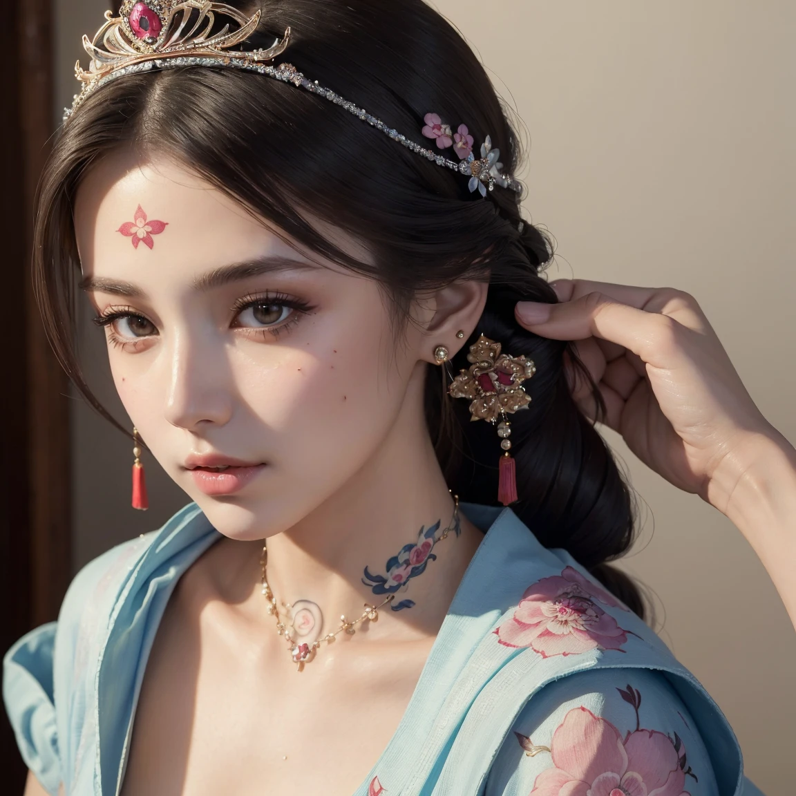 NSFW, (masterpiece, best quality:1.5), ultra detailed, high resolution, 16k, the most beautiful face in the world, perfect face, delicate facial features, highly detailed beautiful face and eyes, shiny skin, highly detailed background, elaborately designed, fine cloth texture, perfect anatomy, BREAK, (gorgeous and stunning teenage princess in gorgeous and luxurious princess dress:1.2), perfect make-up, eyeshadow, lash extensions, rouge, deeply in love, full of elegance, (face irezumi:1.5)