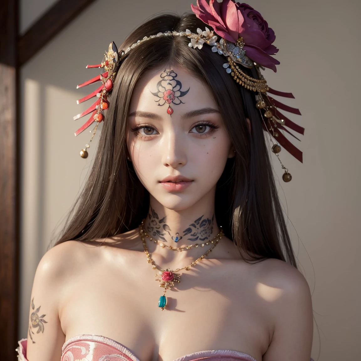 NSFW, (masterpiece, best quality:1.5), ultra detailed, high resolution, 16k, the most beautiful face in the world, perfect face, delicate facial features, highly detailed beautiful face and eyes, shiny skin, highly detailed background, elaborately designed, fine cloth texture, perfect anatomy, BREAK, (gorgeous and stunning age princess in gorgeous and luxurious princess dress:1.2), perfect make-up, eyeshadow, lash extensions, rouge, deeply in love, full of elegance, (face irezumi:1.5)