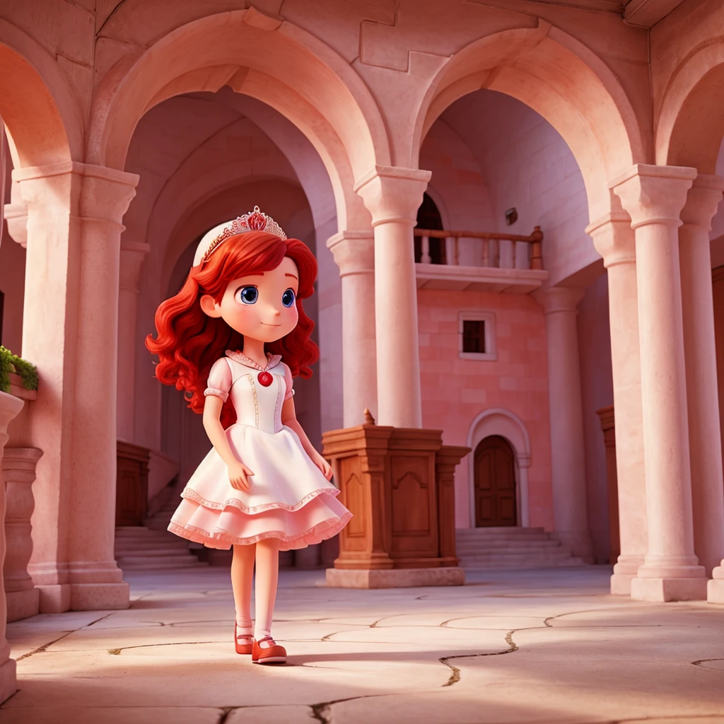 red-haired princess in white dress walking through a pink castle