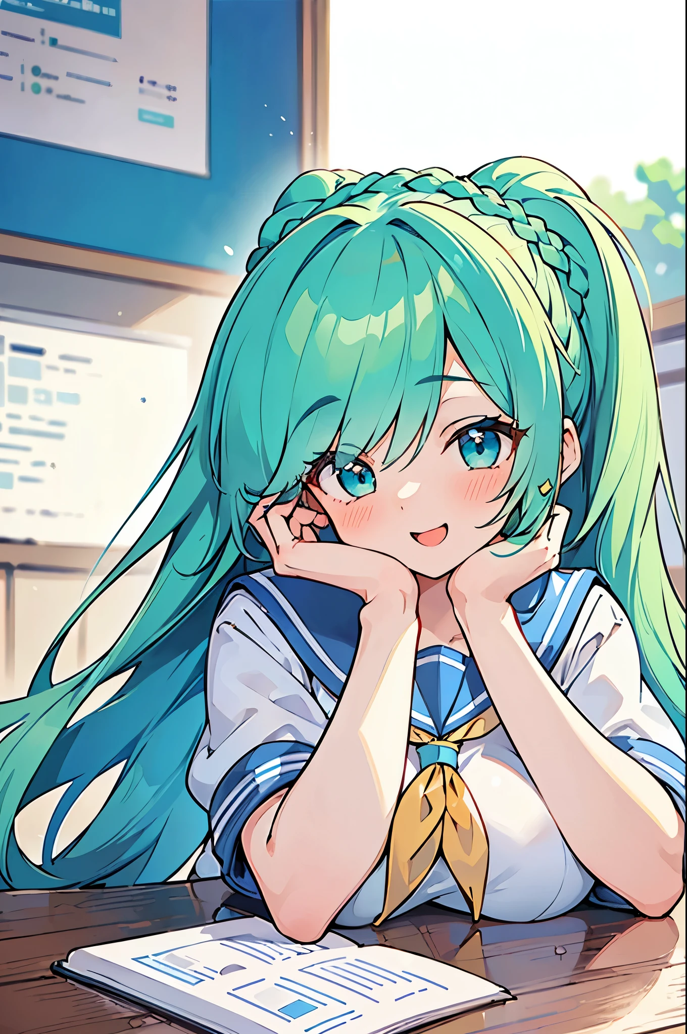 ((A Pretty high school girl with green hair and blue eyes)), ((wearing the white sailor suit)), Baby face, ((top-quality, master piece, ultra-definition, high resolution)), anime girl, ((ultra-detailed illust:1.2)), 1 girl, bangs, hair between eye, beautiful hair, Shiny eyes, highlights on the eyes, ((detailed eyes:1.2)), ((super gigantic breasts:1.3)), huge tits, Soft breasts, focused on breasts, ((breasts on the table)), breast rest, Big smile, enjoyed, laughing, in the classroom