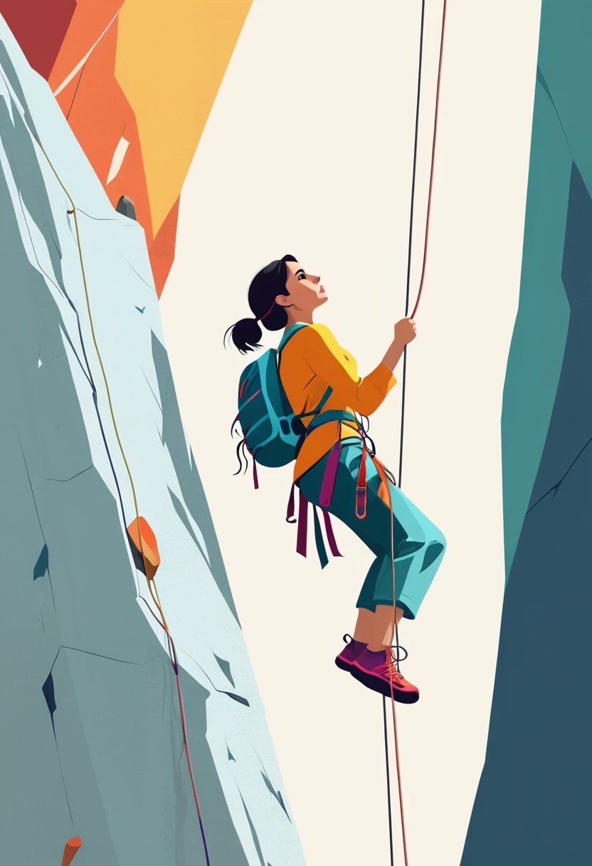 Minimalist Journey, solitary, Minimalism, illustration , A girl in colorful clothes is rock climbing.