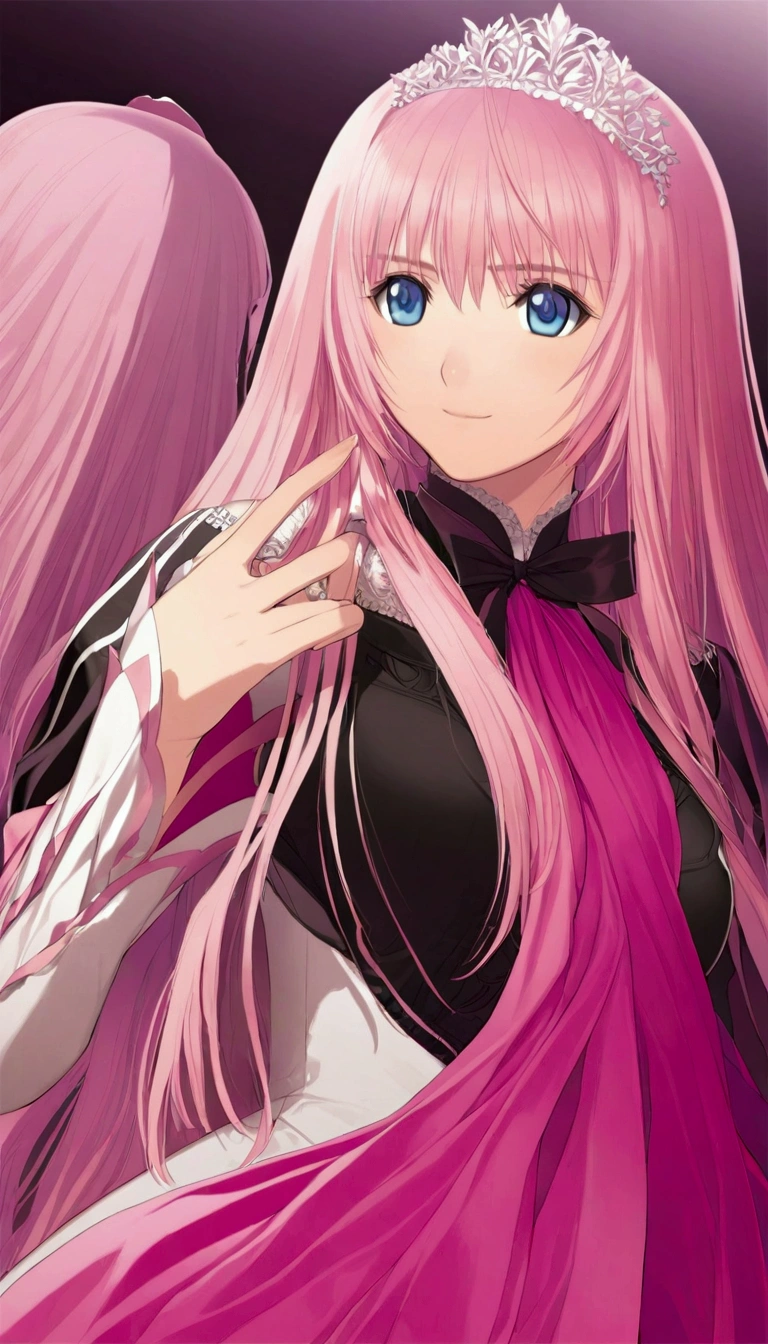 Detailed and beautiful depiction 1.1,Official Art,Beautiful adult woman ,Megurine Luka in official costume,Pink long hair,blue eyes,smile,Bedroom