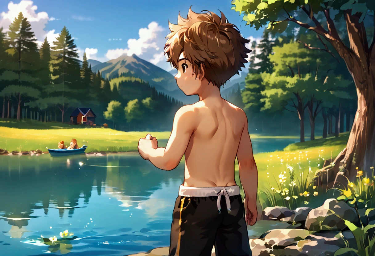 asian, boy, 15-year-old, background is river, playing river, topless, swim short pants, cute,