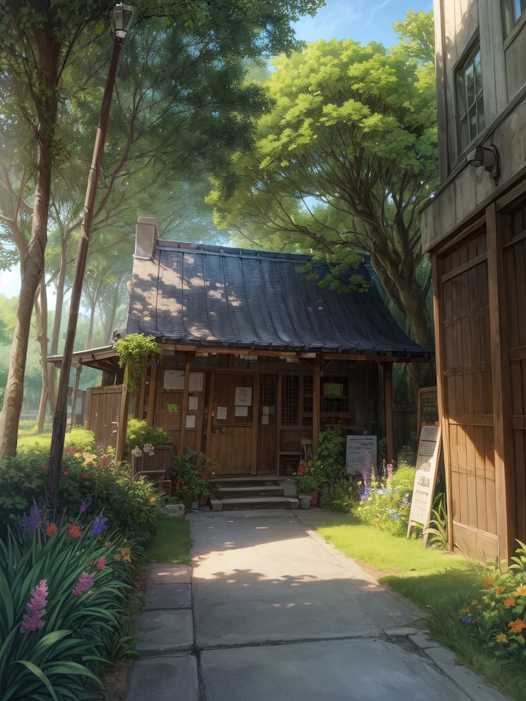 super wide perspective, ghibli anime scene, coffee shop in the woods, worn off road, zebra crossing, moody weather, under a big banyan tree, street light, poles and wires, tropical leafy plant pots, menu board, sign board, long grass with wild flowers, in the middle of nowhere, vibrant color tones, ghibli style, no humans, scenery, masterpiece, high resolution