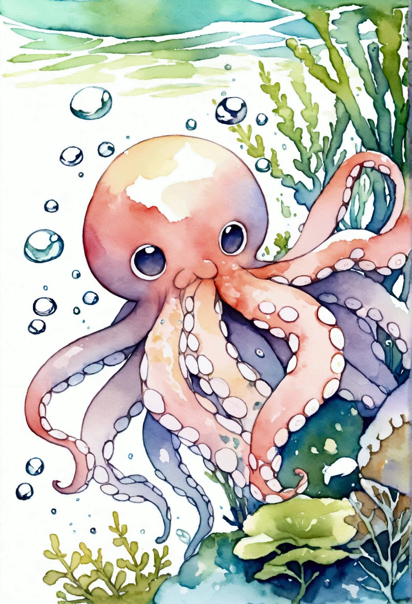 octopus touches a man's hand underwater, algae, watercolor